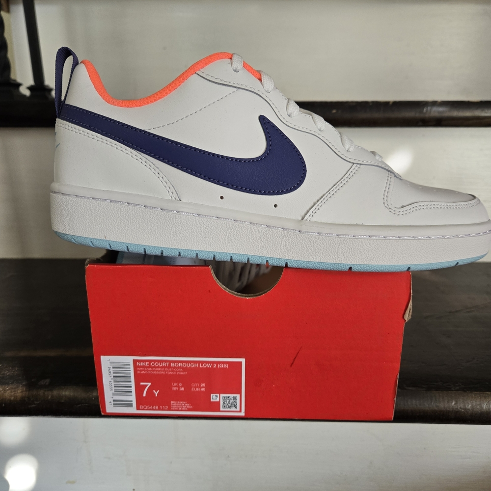 Nike Court Borough Low 2 Shoes - White and Blue 7y--8.5 Women